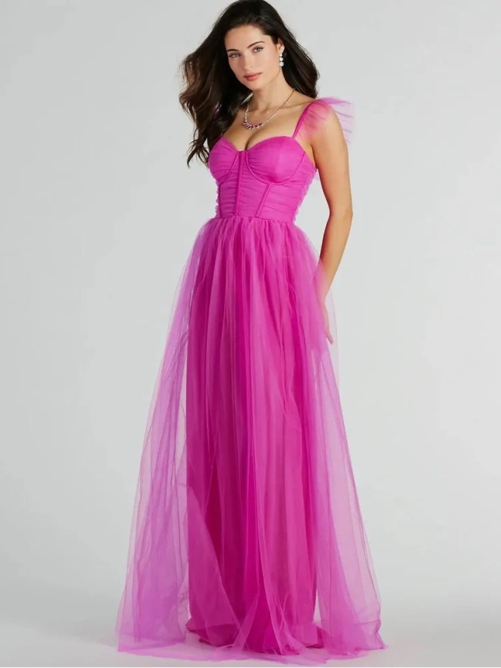 Windsor Amber Corset Ruffle A-Line Tulle Formal Dress | Large | Magenta